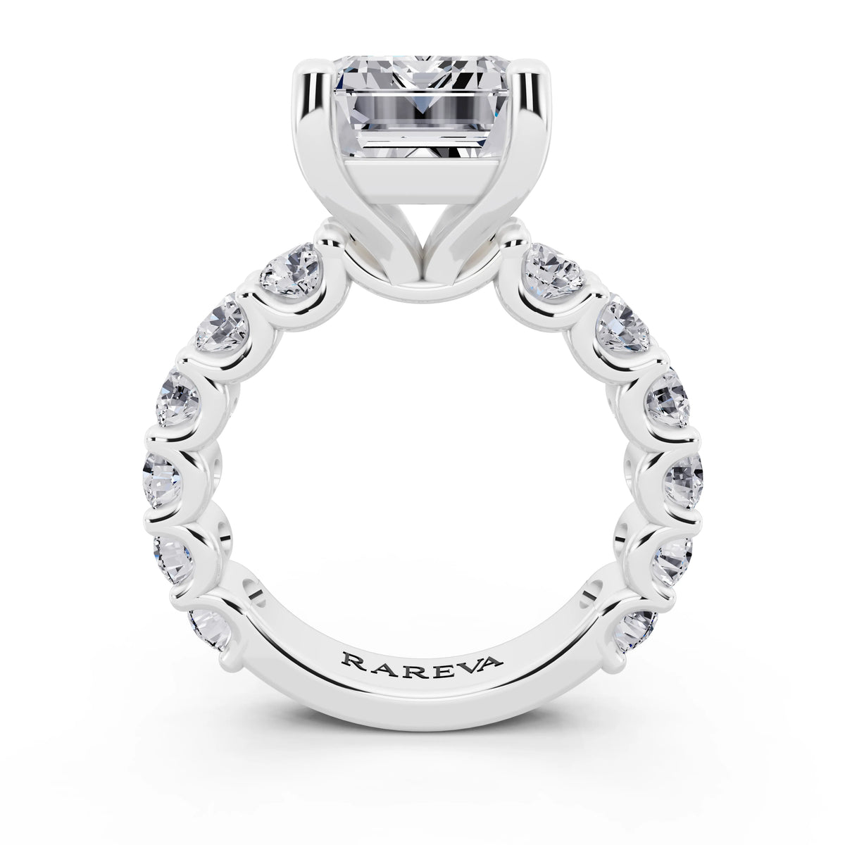 18 KT White Gold Emerald Cut Diamond Ring with Shared Prong Eternity Band - through finger