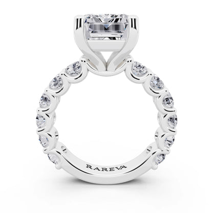 18 KT White Gold Emerald Cut Diamond Ring with Shared Prong Eternity Band - through finger