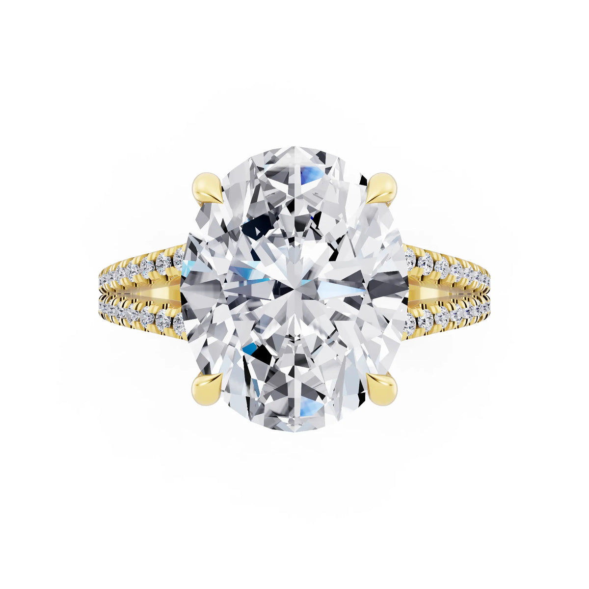 18 KT Yellow Gold Oval Cut Diamond Ring with Pavé Split Shank - top angle