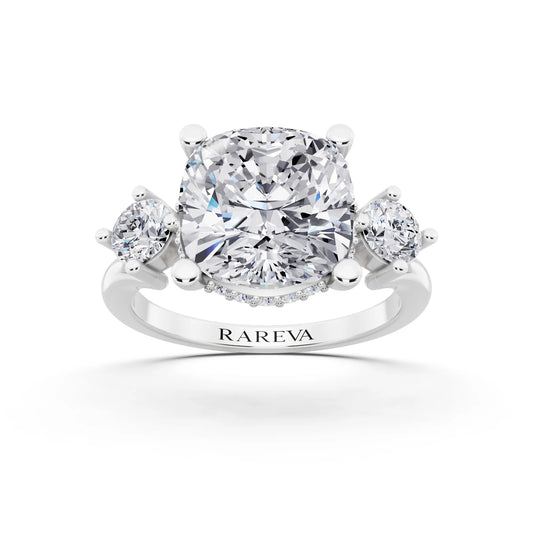 14 KT White Gold Cushion Cut Diamond Three Stone Engagement Ring with Hidden Halo - front view