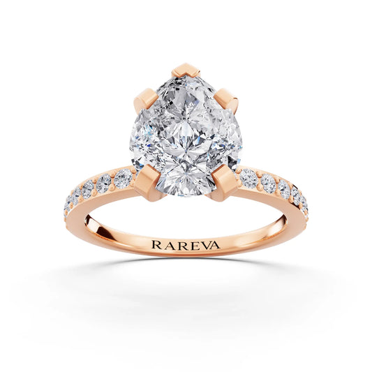 18 KT Rose Gold Pear Cut Diamond Solitaire Ring with Pave Shank - front view