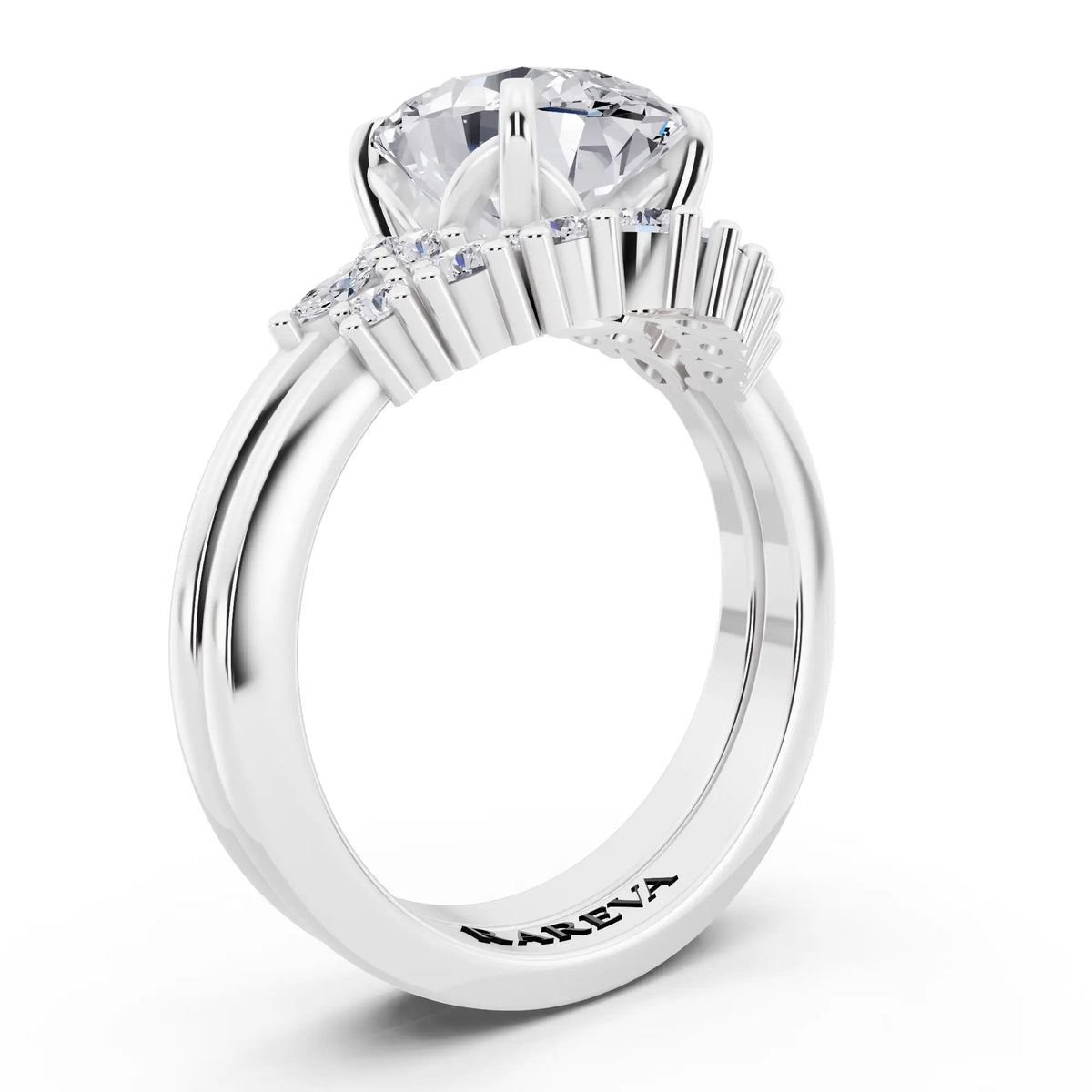 18 KT White Gold Oval Cut Diamond Ring with Curved Cluster Band - top view