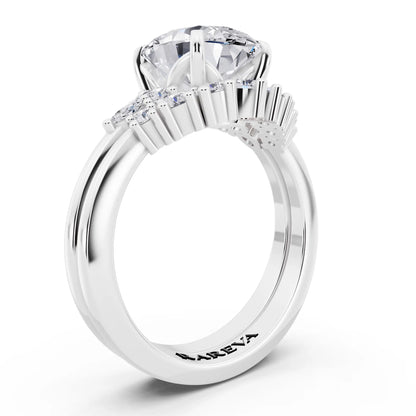 18 KT White Gold Oval Cut Diamond Ring with Curved Cluster Band - top view