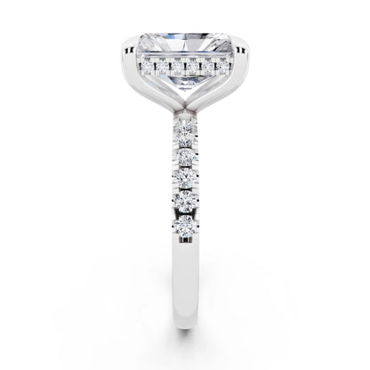 Platinum Radiant Cut Diamond Solitaire Ring with Round Pavé Band and Prong Setting - side view