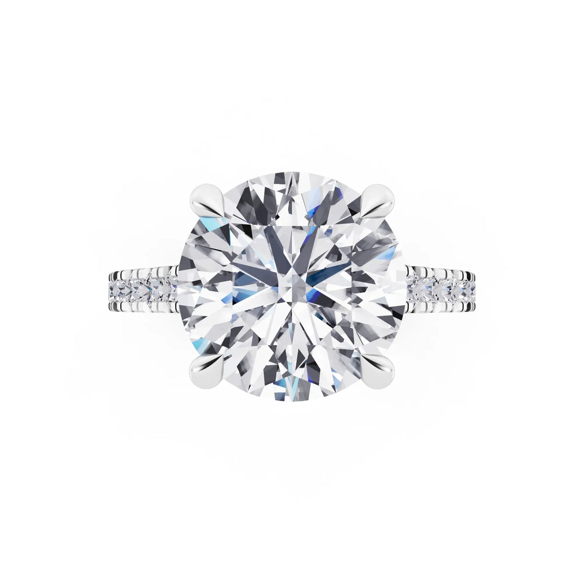 14 KT White Gold Round Cut Diamond Solitaire Ring with Pave Band - Top down