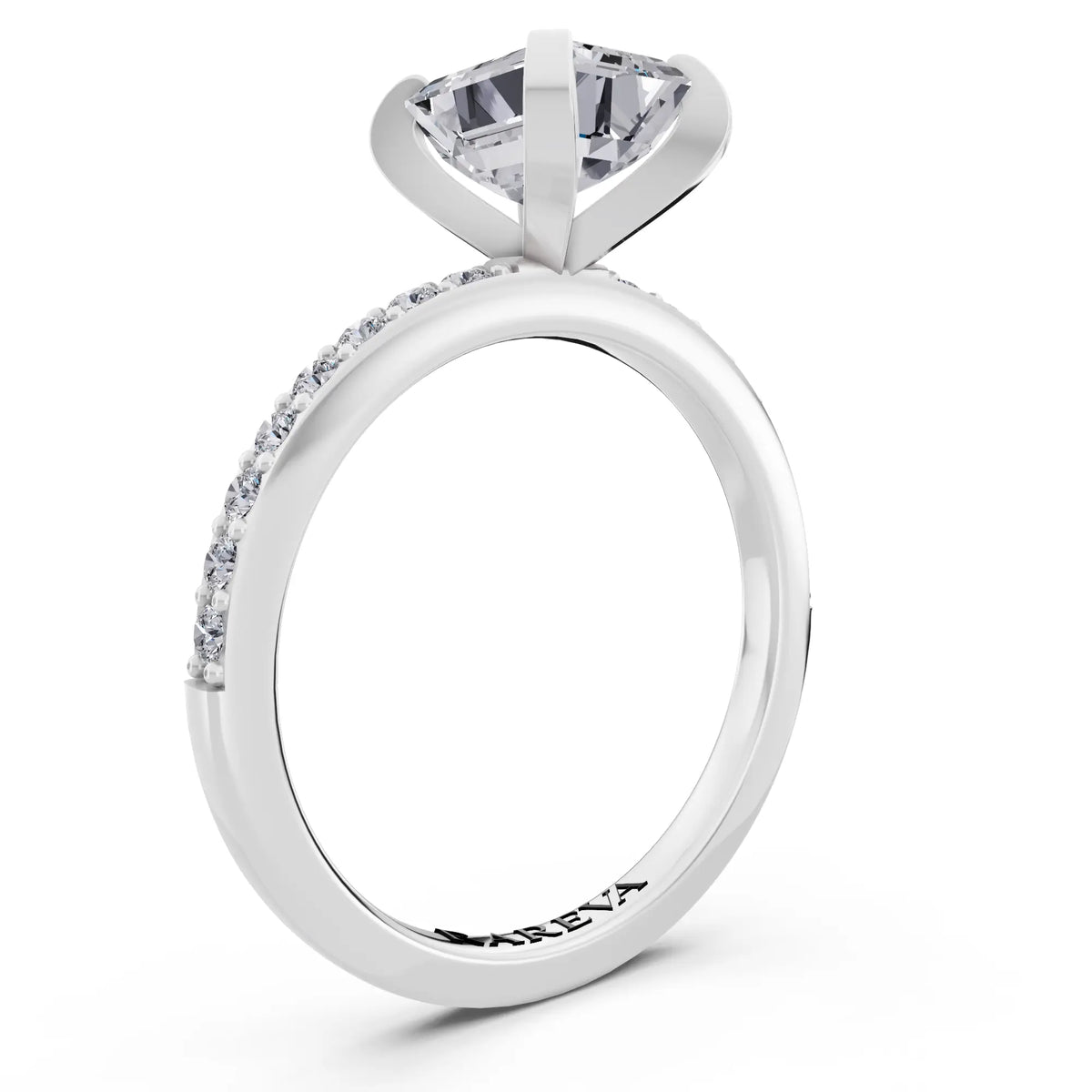 14 KT White Gold Emerald Cut Diamond Solitaire Ring with Pave Shank - top view