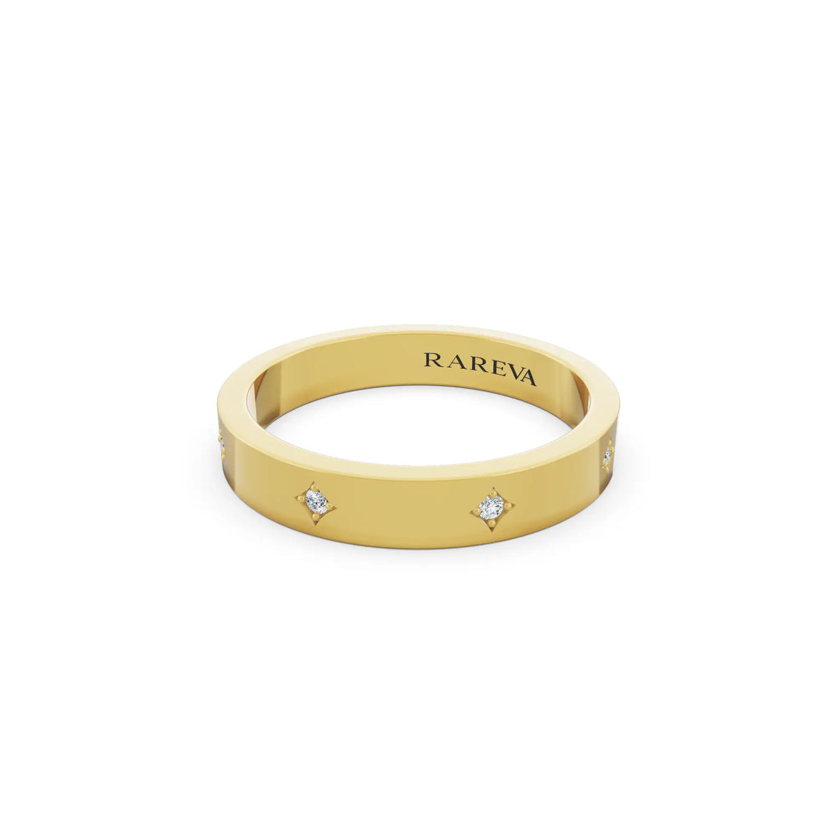 14K Yellow Gold Men's Round Cut Diamond Star Set Station Band - 3.5mm - Close up
