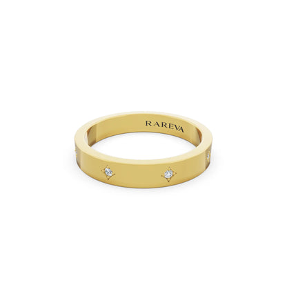 14K Yellow Gold Men's Round Cut Diamond Star Set Station Band - 3.5mm - Close up