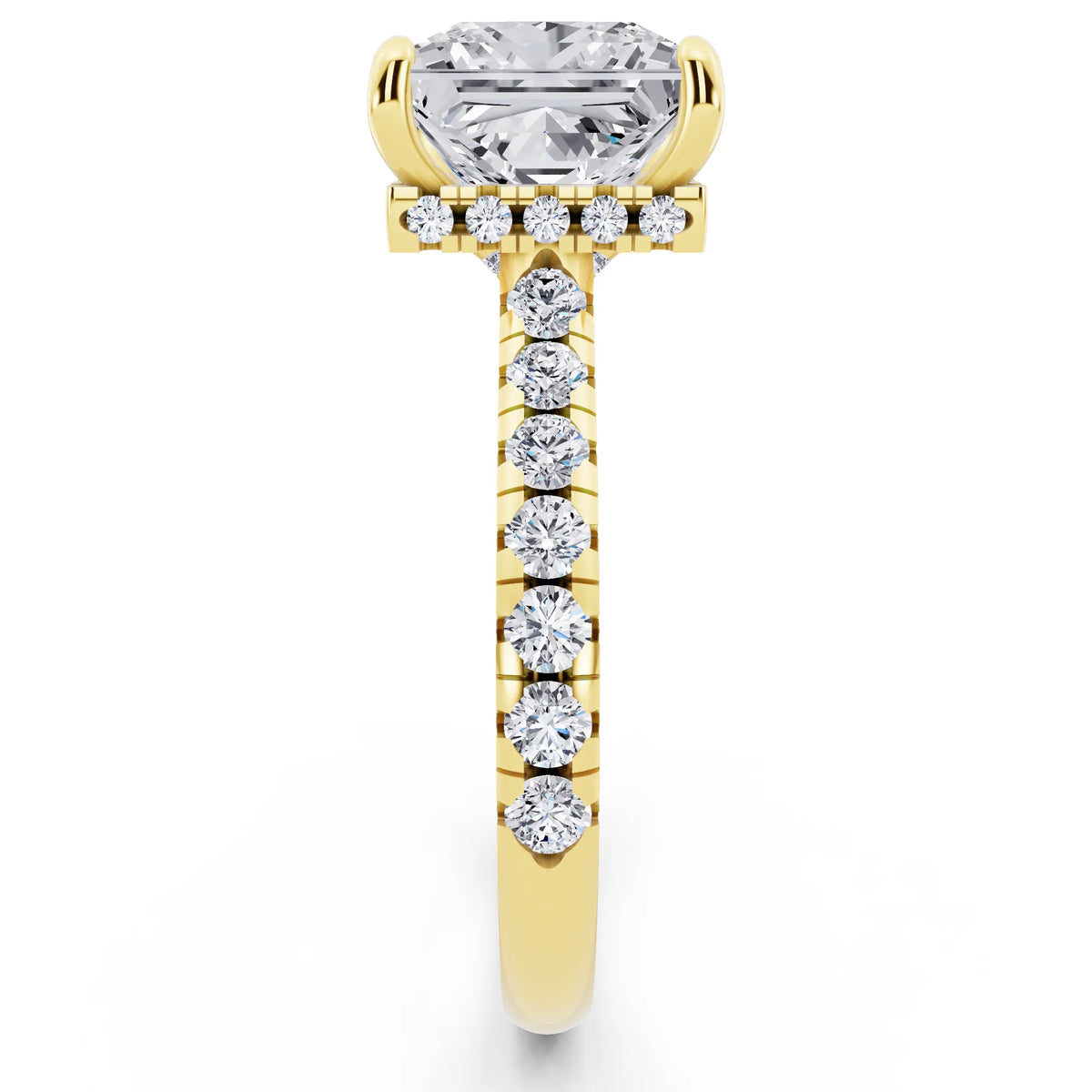 14 KT Yellow Gold Princess Cut Diamond Ring with Hidden Halo - side view