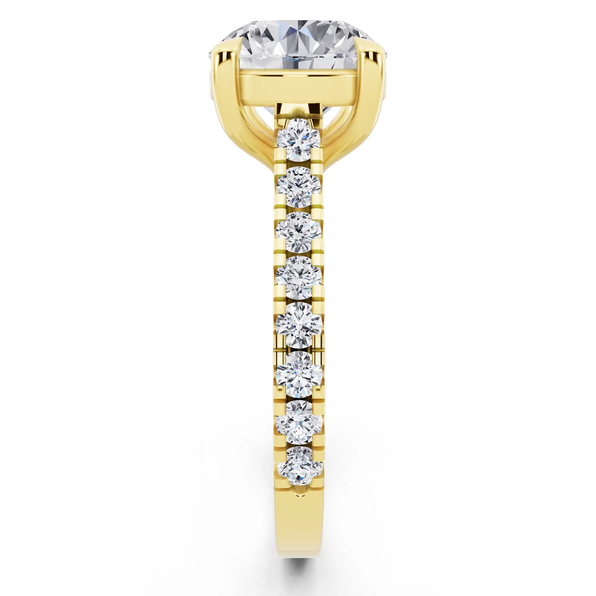 18 KT Yellow Gold Round Cut Diamond Solitaire Ring with Pave Band - Side view