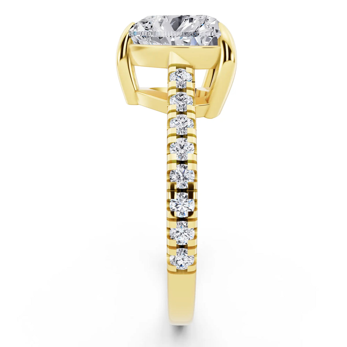 14 KT Yellow Gold Heart Cut Diamond Claw Prong Solitaire Ring with French Pave Band - side view