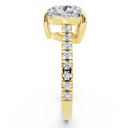 14 KT Yellow Gold Heart Cut Diamond Claw Prong Solitaire Ring with French Pave Band - side view