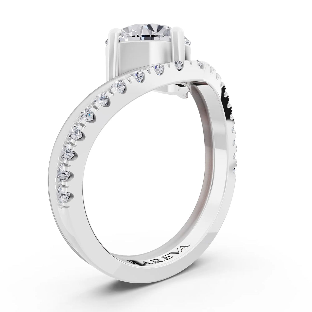 Platinum Round Cut Diamond Solitaire Ring with Pave V Band - Top view