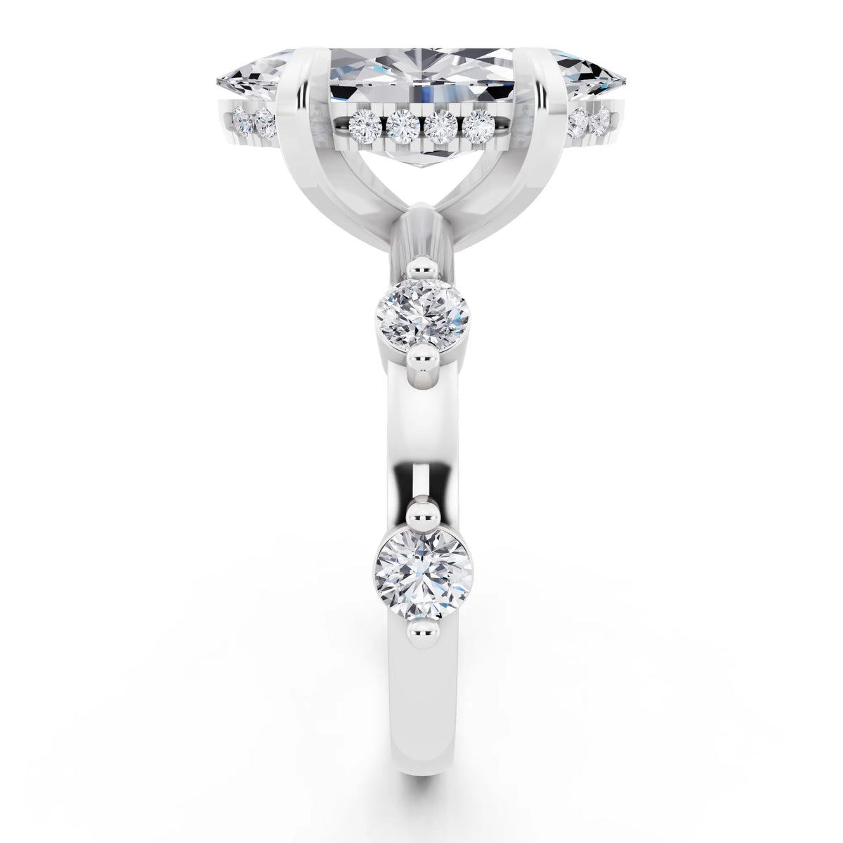 Platinum Marquise Cut Diamond Solitaire Ring with Floating Diamond Accents - side view