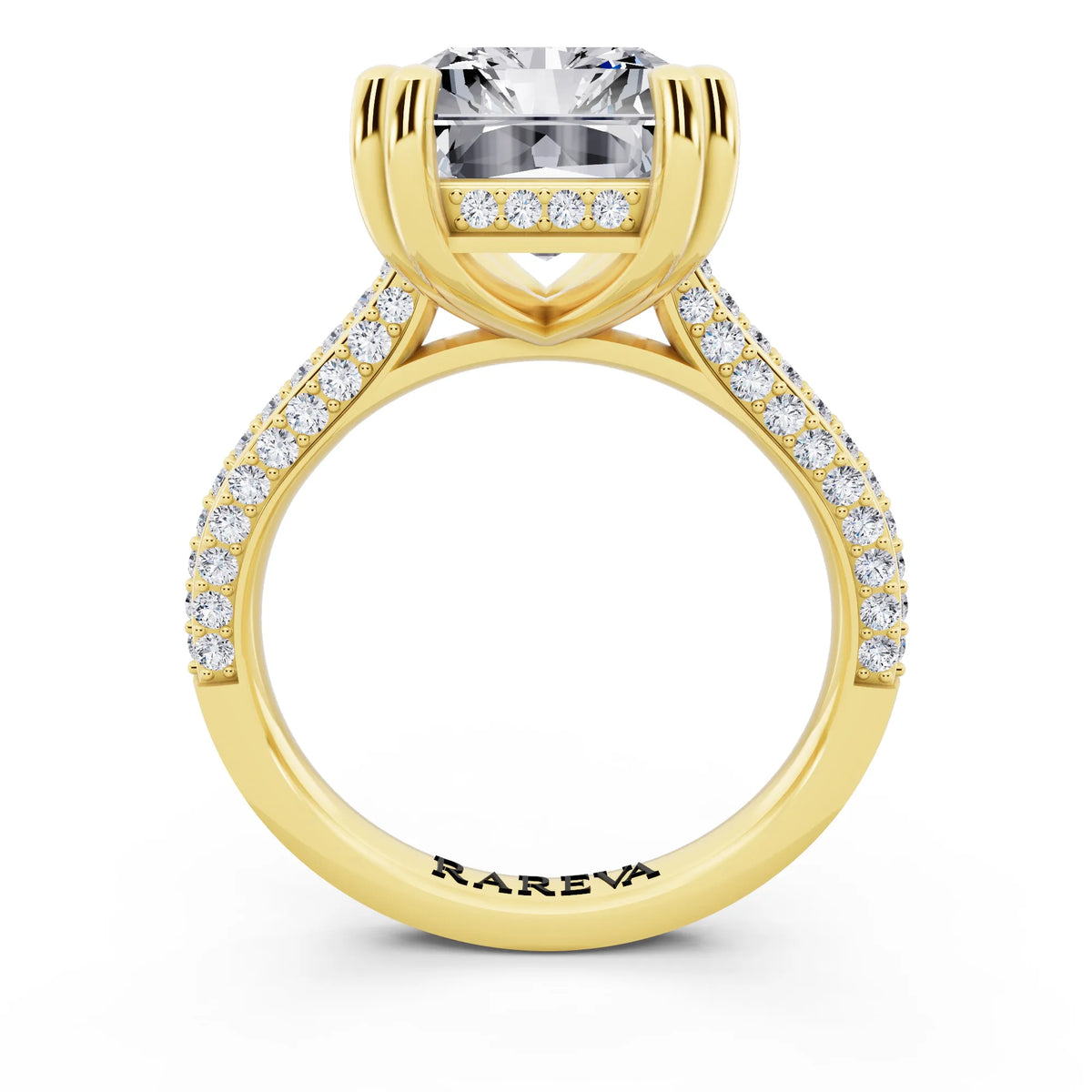 18 KT Yellow Gold Radiant Cut Diamond Hidden Halo Double Claw Pave Band Ring - through finger
