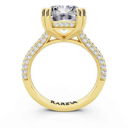 18 KT Yellow Gold Radiant Cut Diamond Hidden Halo Double Claw Pave Band Ring - through finger