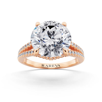 18 KT Rose Gold Round Cut Diamond Ring with Pavé Split Shank - front view