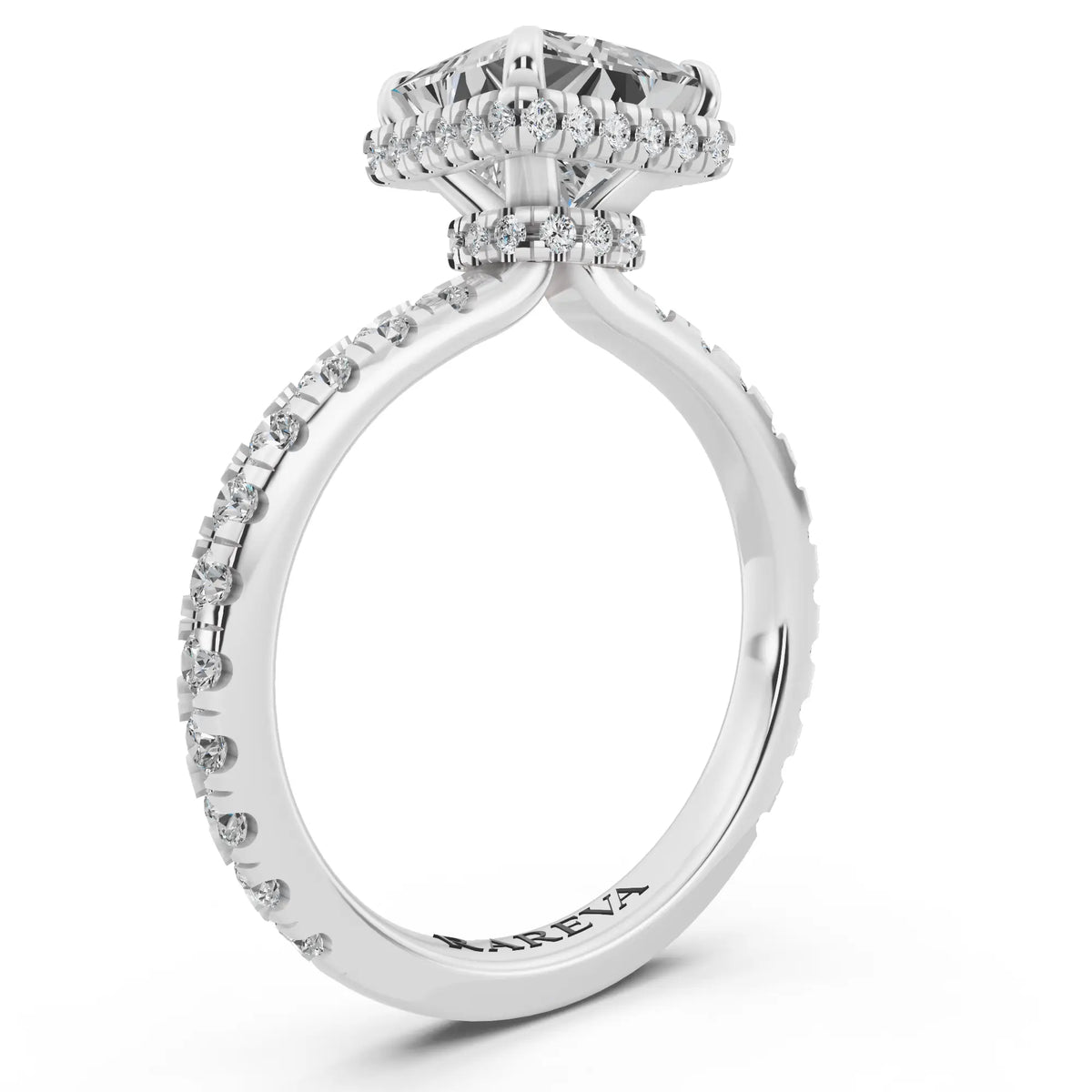 18 KT White Gold Princess Cut Diamond Hidden Halo Ring with Pave Band - top view