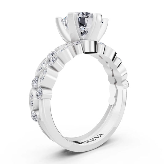 Platinum Round Cut Diamond Solitaire Ring with Marquise Motif Band - Top view