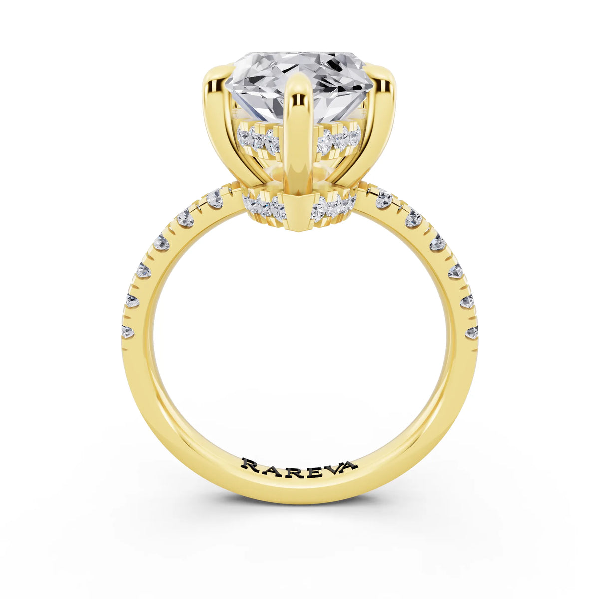 18 KT Yellow Gold Marquise Cut Diamond Hidden Halo Tiger Prong Pave Band Ring - through finger