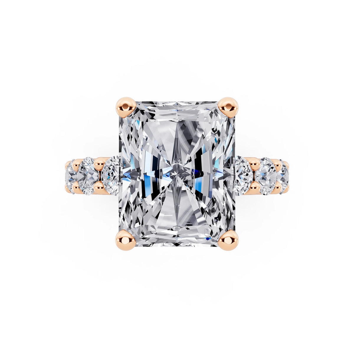 18 KT Rose Gold Radiant Cut Diamond Ring with Shared Prong Eternity Band - top angle