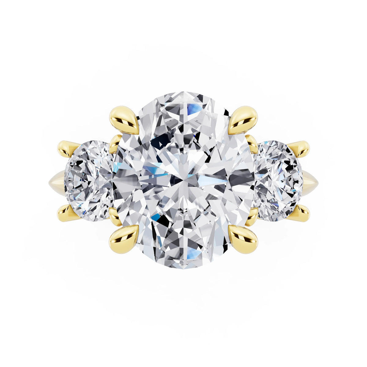 14 KT Yellow Gold Oval Cut Diamond Three Stone Ring with Round Accents - top angle