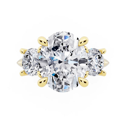 14 KT Yellow Gold Oval Cut Diamond Three Stone Ring with Round Accents - top angle