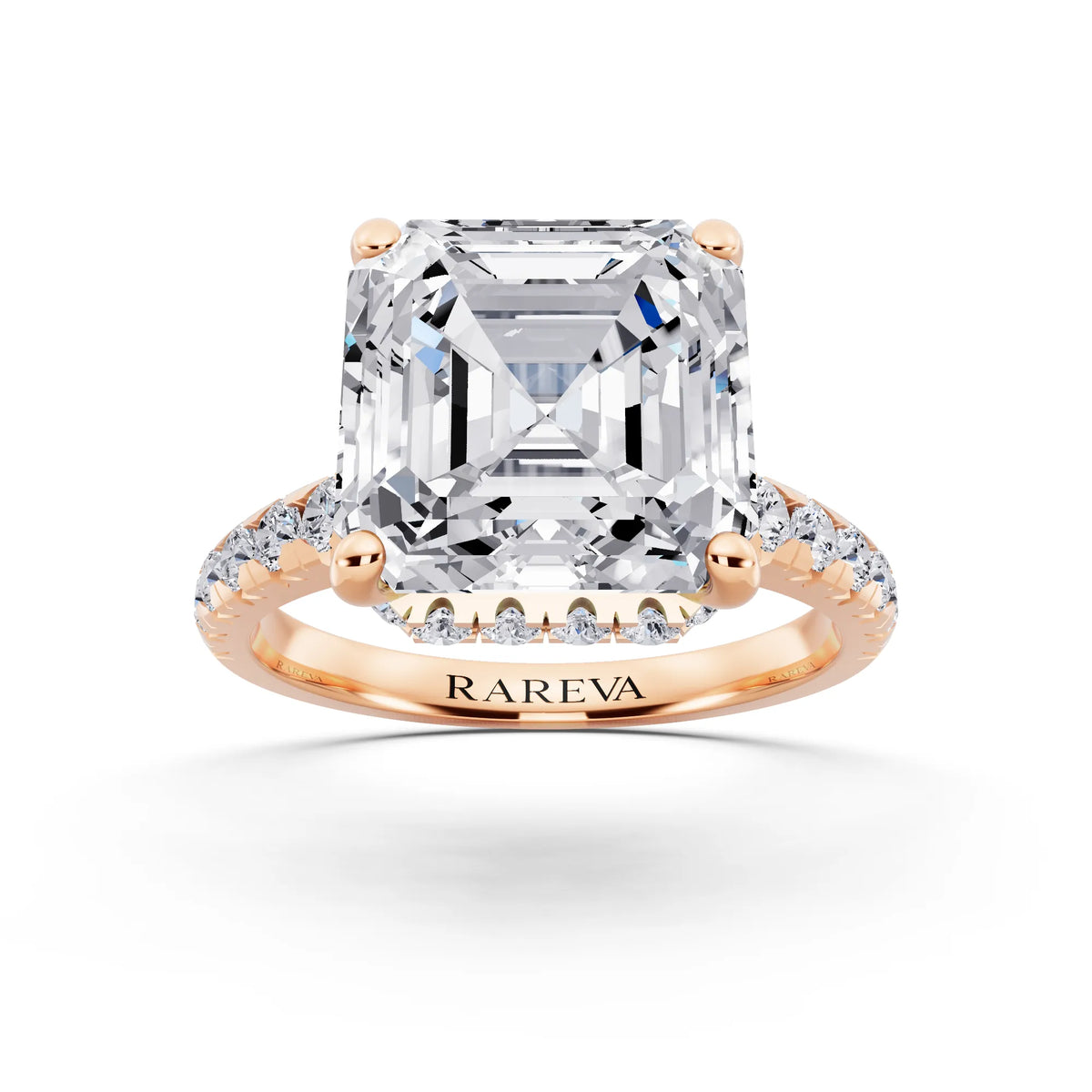 18 KT Rose Gold Asscher Cut Diamond Ring with Hidden Halo - front view
