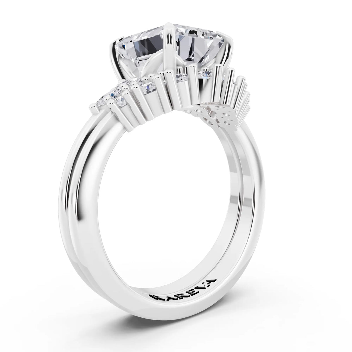 18 KT White Gold Emerald Cut Diamond Ring with Curved Cluster Band - top view