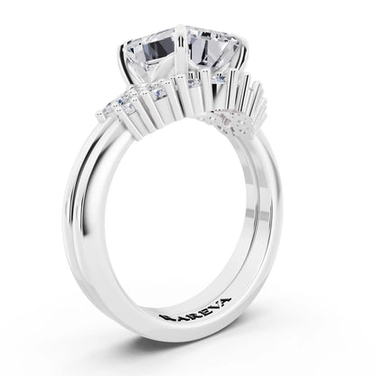 18 KT White Gold Emerald Cut Diamond Ring with Curved Cluster Band - top view