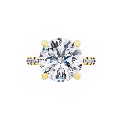 18 KT Yellow Gold Round Cut Diamond Solitaire Ring with Round Pavé Band and Prong Setting - top angle