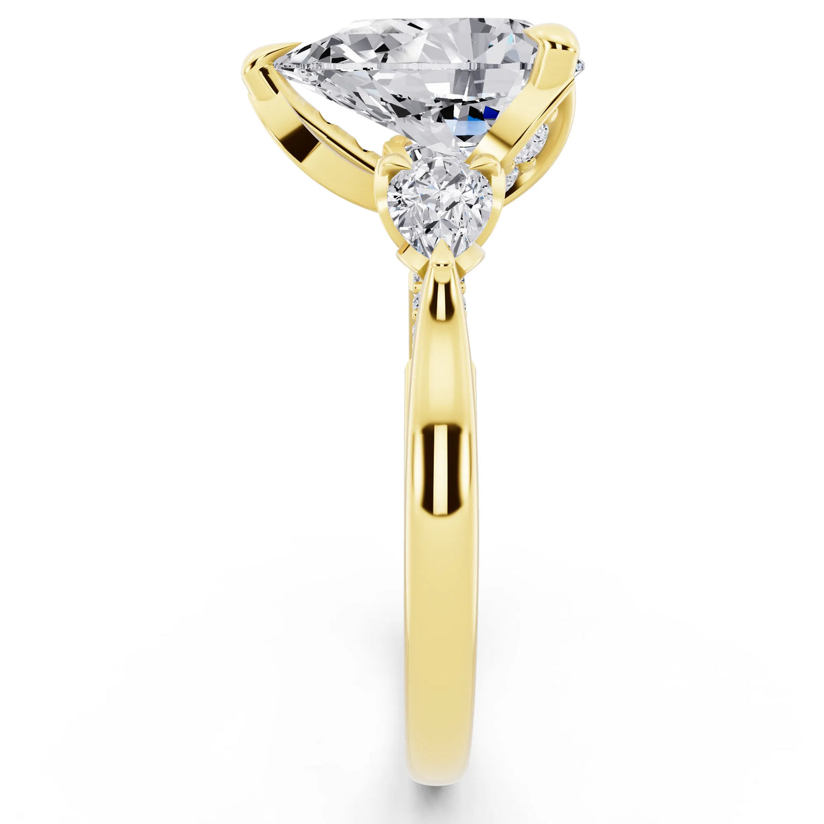 18 KT Yellow Gold Pear Cut Diamond Cluster Engagement Ring with Pear Accents and Pavé Band - side view