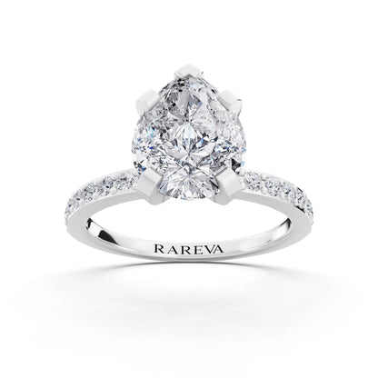 18 KT White Gold Pear Cut Diamond Solitaire Ring with Pave Shank - front view