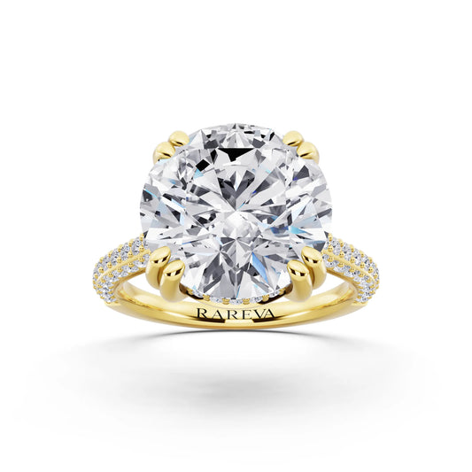 14 KT Yellow Gold Round Cut Diamond Hidden Halo Double Claw Pave Band Ring - front view