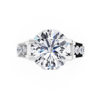 18 KT White Gold Round Cut Diamond Solitaire Ring with Graduated Channel Band - Top down
