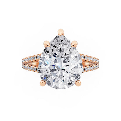 14 KT Rose Gold Pear Cut Diamond Ring with Pavé Split Shank - top angle