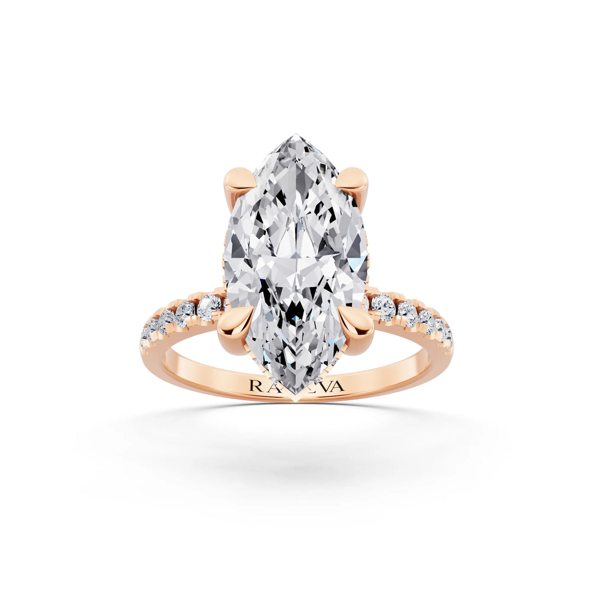 18 KT Rose Gold Marquise Cut Diamond Solitaire Ring with Round Pavé Band and Prong Setting - front view