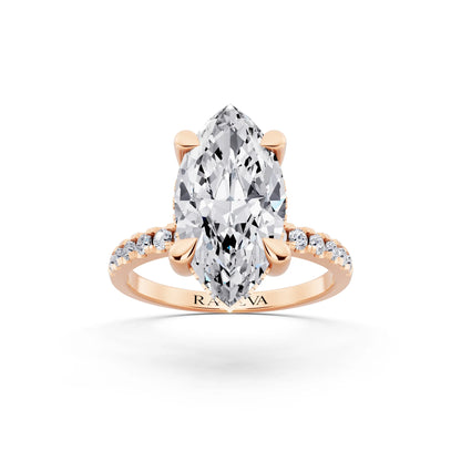 18 KT Rose Gold Marquise Cut Diamond Solitaire Ring with Round Pavé Band and Prong Setting - front view