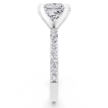 18 KT White Gold Princess Cut Diamond Solitaire Ring with Pave Shank - side view