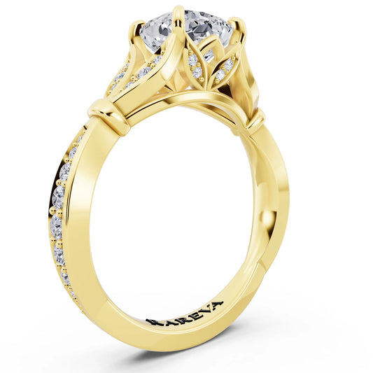 18 KT Yellow Gold Cushion Cut Diamond Ring with Lotus Collar - top view