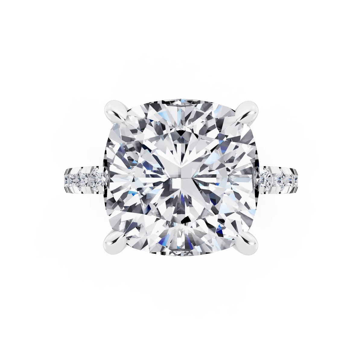 Platinum Cushion Cut Diamond Hidden Halo Tiger Prong Pave Band Ring - top angle