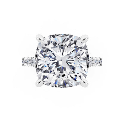 Platinum Cushion Cut Diamond Hidden Halo Tiger Prong Pave Band Ring - top angle