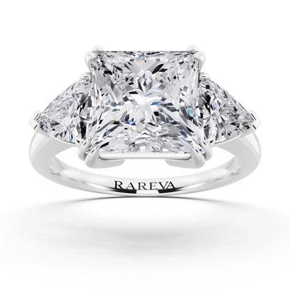18 KT White Gold Princess Cut Diamond Three Stone Ring with Trillion Accents - front view
