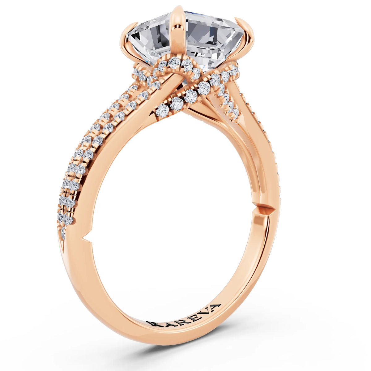18 KT Rose Gold Asscher Cut Diamond Ring with Pavé Split Shank - top view