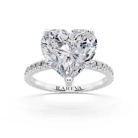 14 KT White Gold Heart Cut Diamond Solitaire Ring with Pave Eternity Band - front view