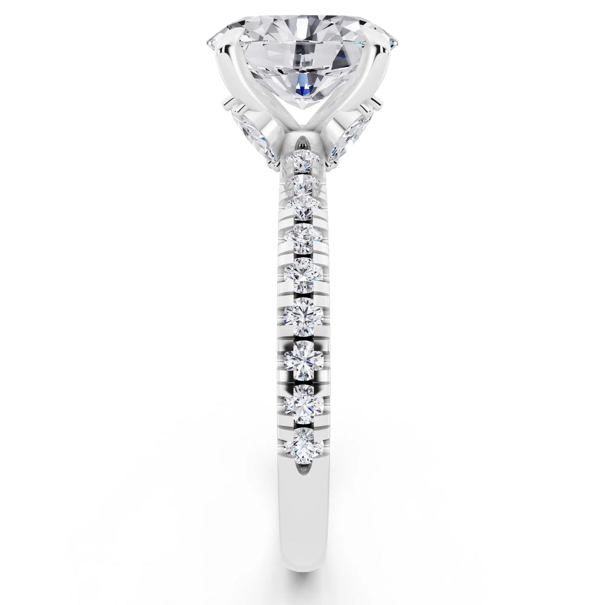 18 KT White Gold Oval Cut Diamond Solitaire Ring with Marquise Collar - side view
