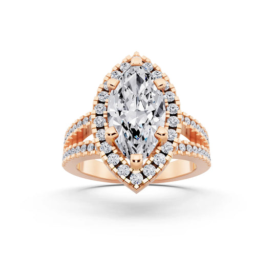 14 KT Rose Gold Marquise Cut Diamond Halo Ring with Pave Split Shank - front view