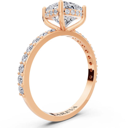 14 KT Rose Gold Cushion Cut Diamond Solitaire Ring with Hidden Halo and Pave Band - top view