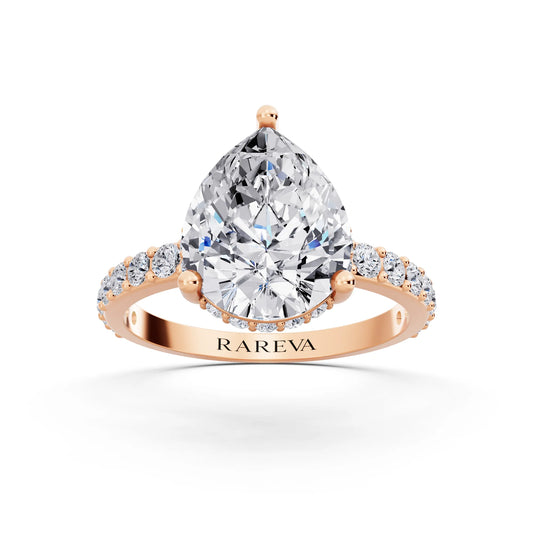 18 KT Rose Gold Pear Cut Diamond Solitaire Ring with Hidden Halo and Pave Band - front view