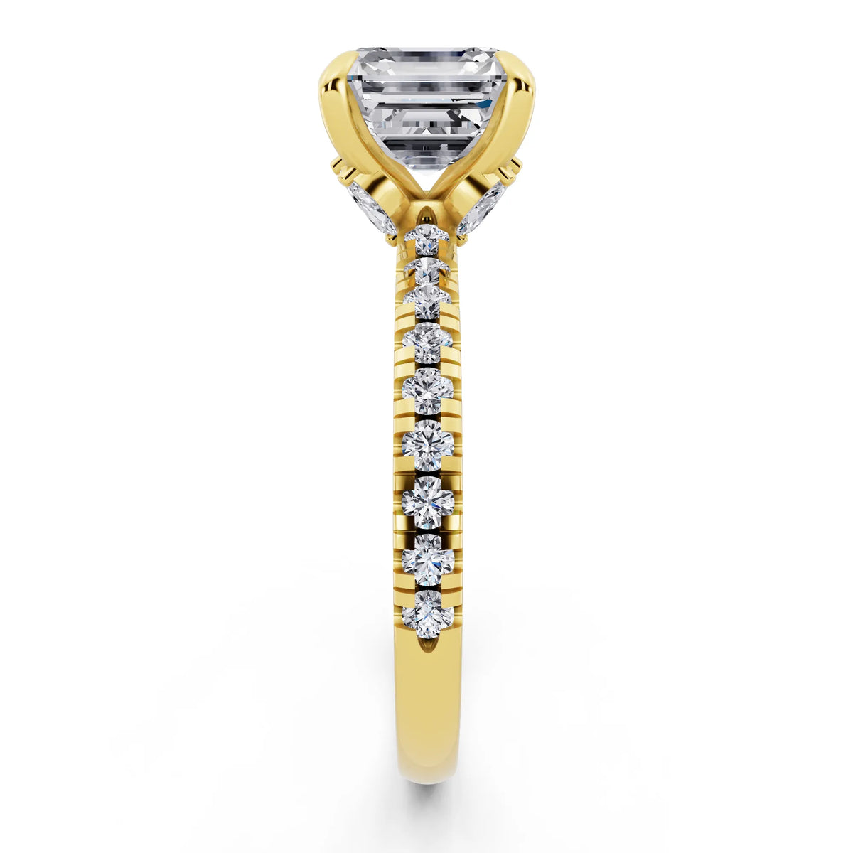 14 KT Yellow Gold Asscher Cut Diamond Solitaire Ring with Marquise Collar - side view